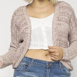 Dusty Pink/ White Dolman Crochet Hooded Open Front Sweater. Medium